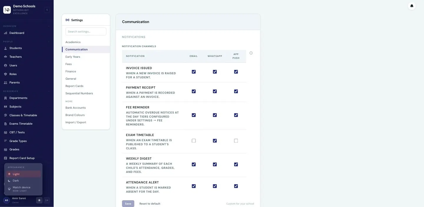The appearance menu opened from the sidebar footer, offering Light, Dark and Match device, with the current selection highlighted and Match device showing what it currently resolves to