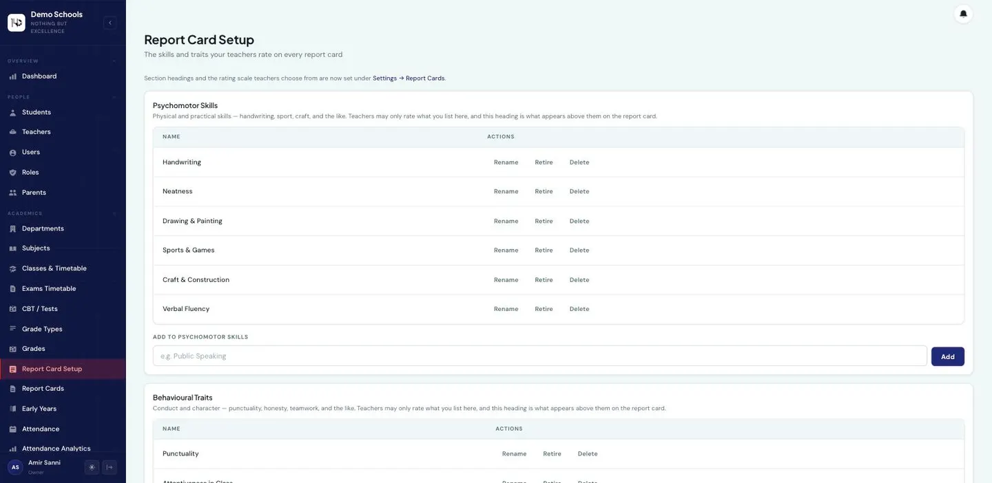 The Report Card Setup page listing psychomotor skills (Handwriting, Neatness, Drawing and Painting, Sports and Games, Craft and Construction, Verbal Fluency), each with rename, retire and delete actions, and behavioural traits below