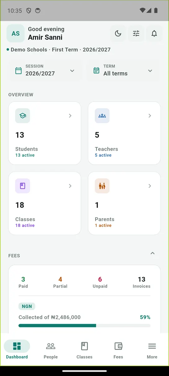 The 1410SMS Android app showing a staff dashboard: student, teacher, class and parent counts, a session and term filter, and a fees summary with paid, partial and unpaid invoice counts