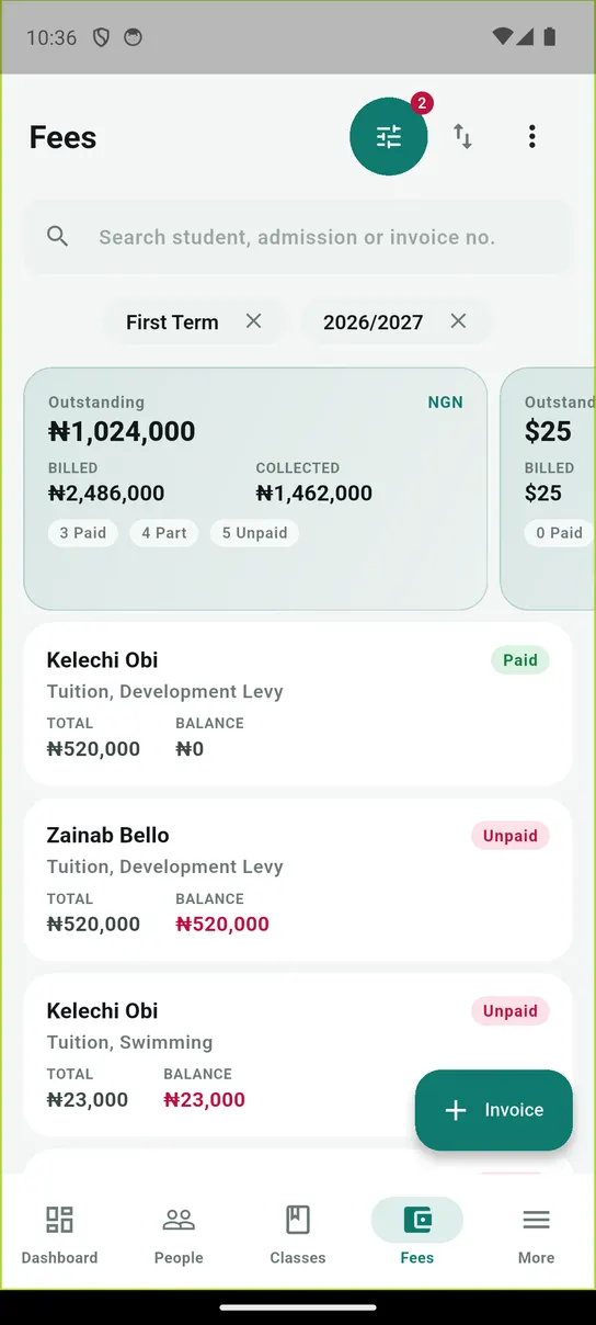 The 1410SMS Android app Fees screen: swipeable outstanding-balance cards, one per currency, above a searchable list of invoices each showing the pupil, fee items, total and balance with a paid or unpaid badge