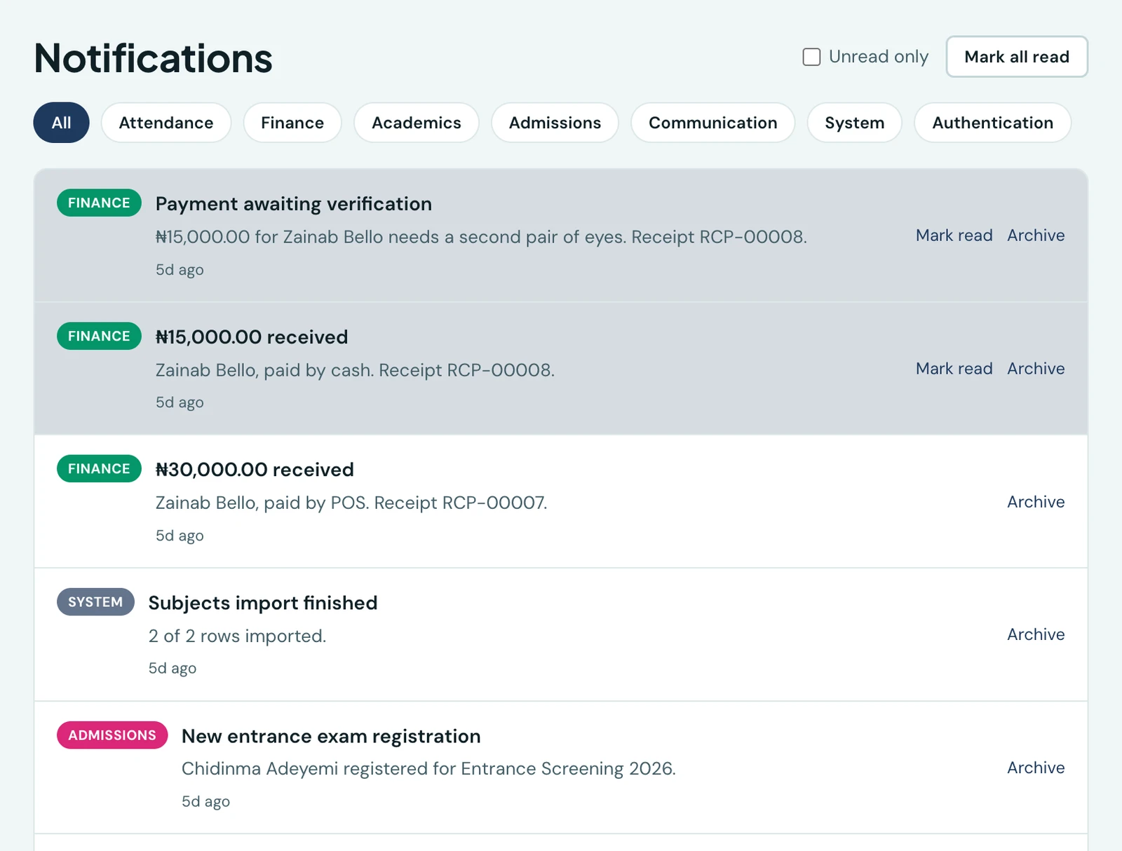 The staff notification centre listing recent office notifications: a payment awaiting verification, two payments received with the child's name and receipt number, a finished subjects import, a new entrance-exam registration and two finished report-card batches, each tagged with its category