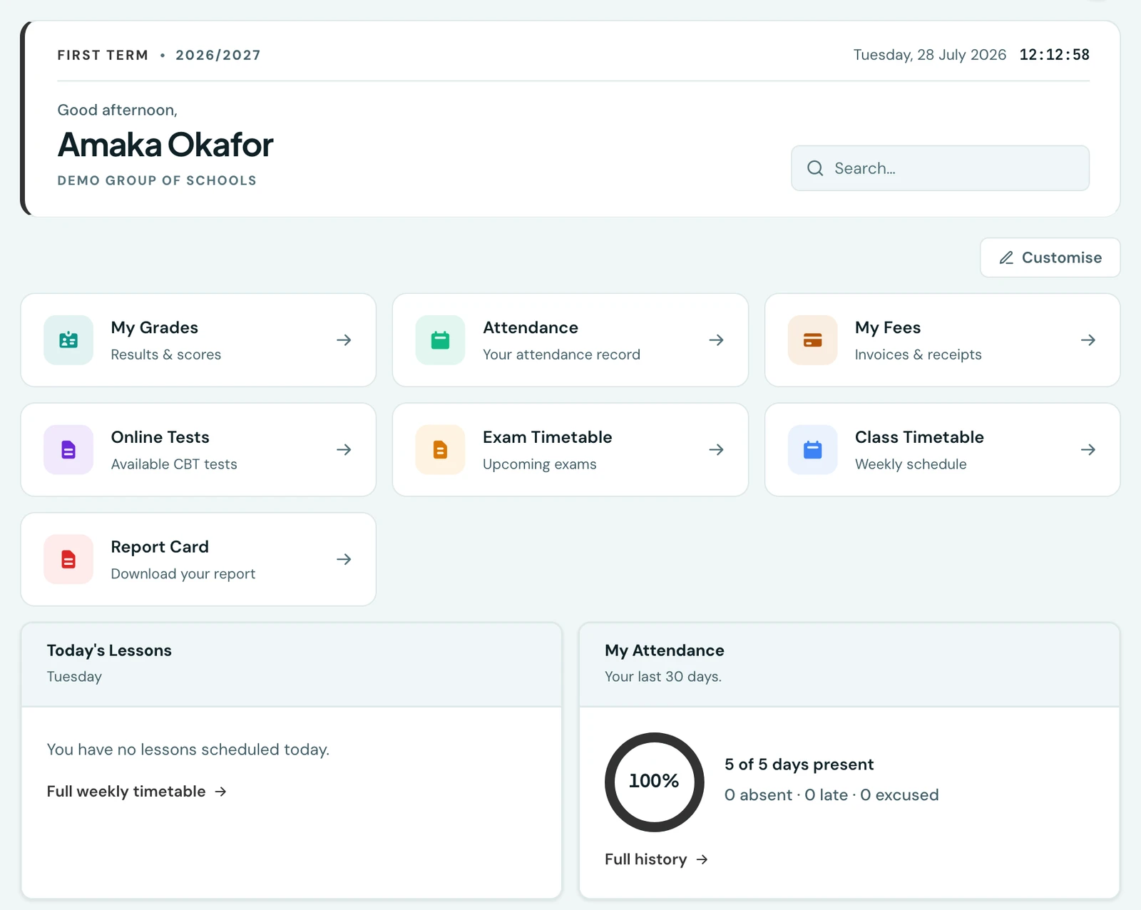 The student portal dashboard: a masthead naming the pupil, their school and the current term, then quick links to My Grades, Attendance, My Fees, Online Tests, Exam Timetable, Class Timetable and Report Card, above panels for today's lessons and an attendance rate over the last 30 days