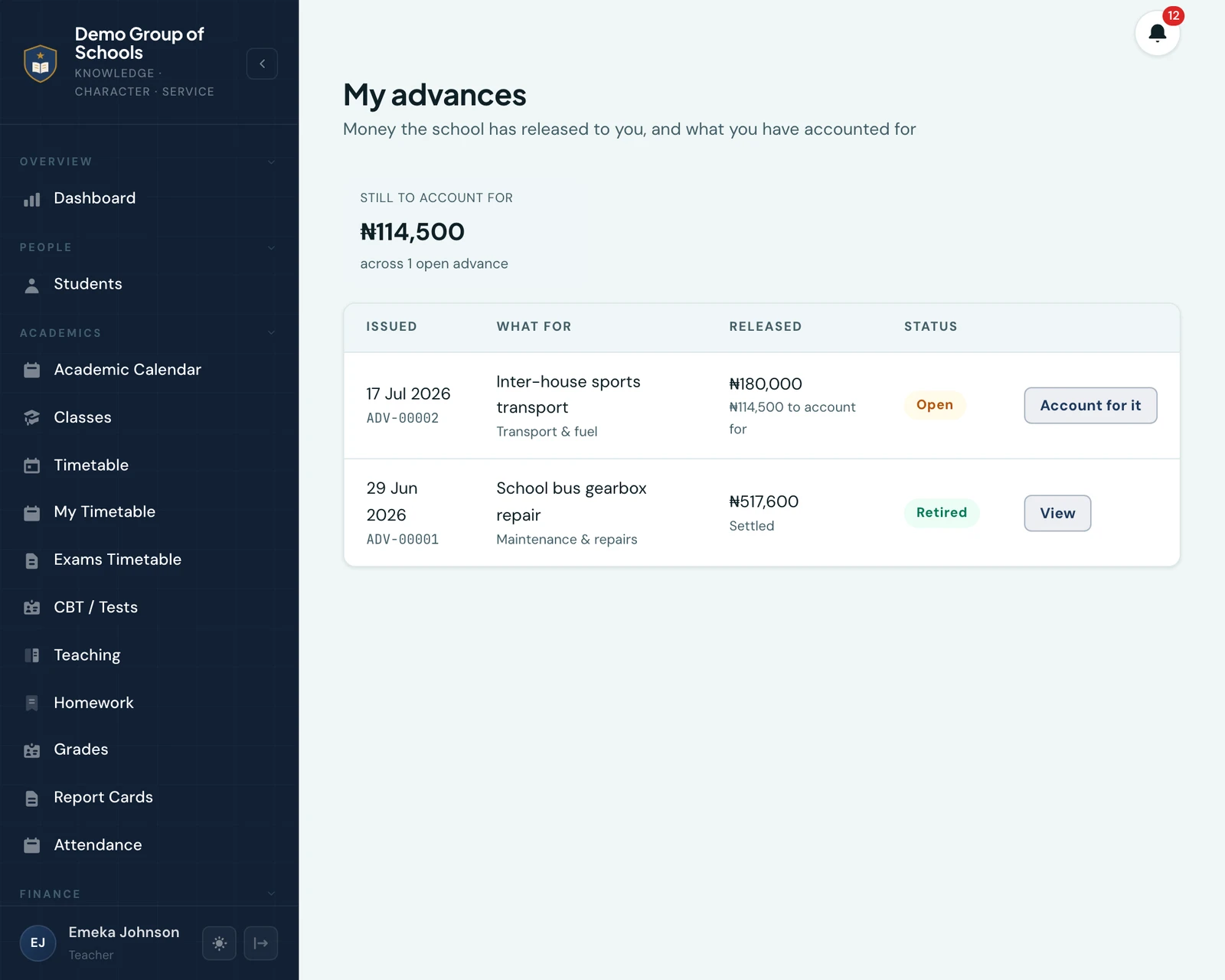 The My advances page for Emeka Johnson, a teacher. A panel reads Still to account for, 114,500 naira, across 1 open advance. Beneath it two rows: ADV-00002 issued 17 Jul 2026 for inter-house sports transport under Transport and fuel, 180,000 naira released with 114,500 to account for, tagged Open, with an Account for it button; and ADV-00001 issued 29 Jun 2026 for a school bus gearbox repair, 517,600 naira released and settled, tagged Retired, with a View button.