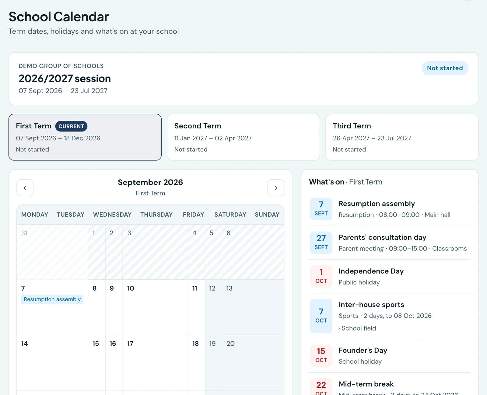 A student's School Calendar page for Demo Group of Schools, the 2026/2027 session running 07 September 2026 to 23 July 2027. Three term cards sit below it, First Term marked Current. Below those a September 2026 month grid shows Resumption assembly on the 7th, with the days before term starts hatched. A What's on panel beside it lists Resumption assembly, Parents' consultation day, Independence Day, Inter-house sports, Founder's Day and the mid-term break.