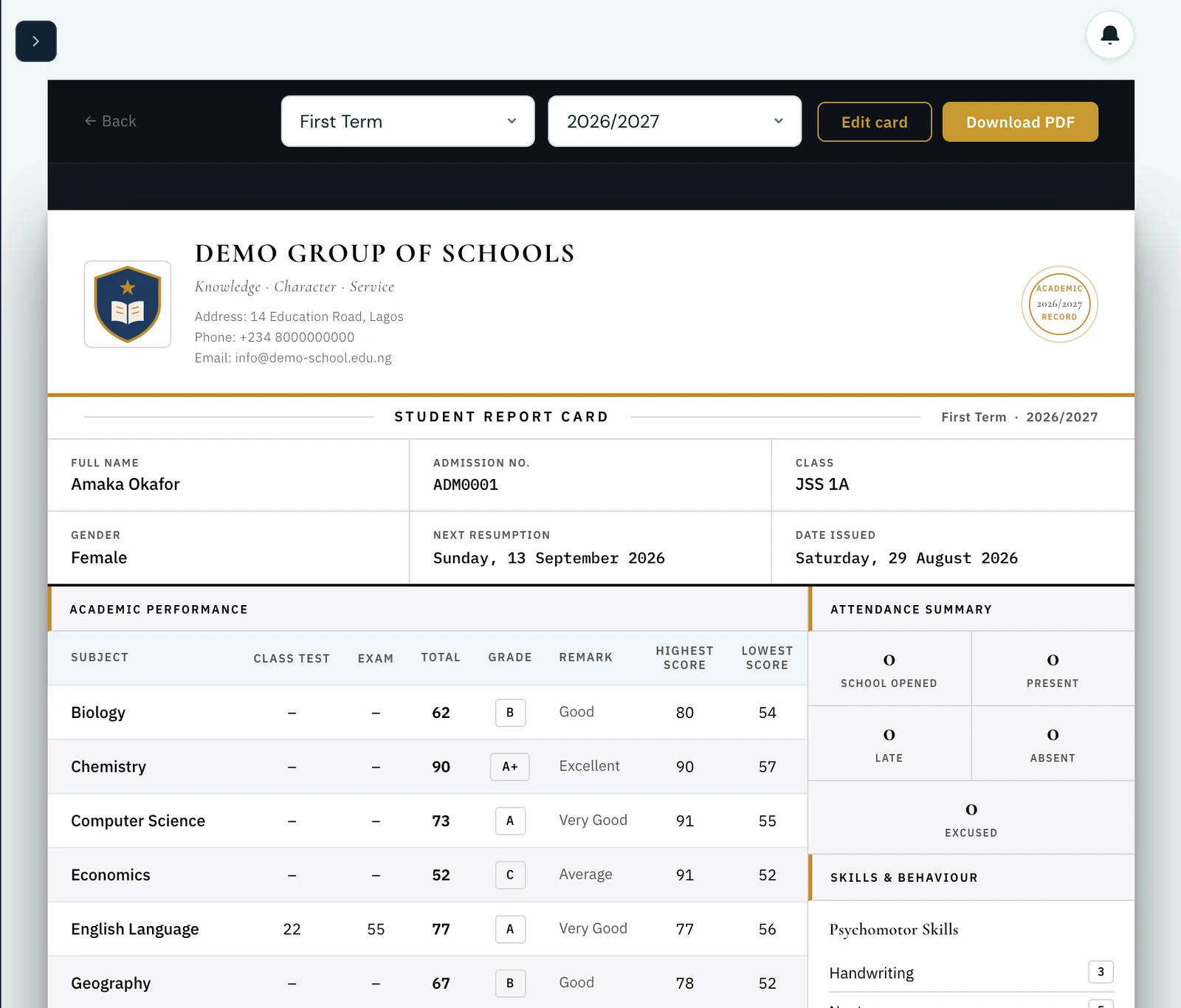 The top of a rendered student report card: the school's branded header with motto and contact details, a Download PDF button, the pupil's name, admission number, class and next resumption date, then an academic performance table giving each subject its assessment columns, total, letter grade, remark and the class highest and lowest score, with the attendance summary and the skills and behaviour ratings in a column alongside