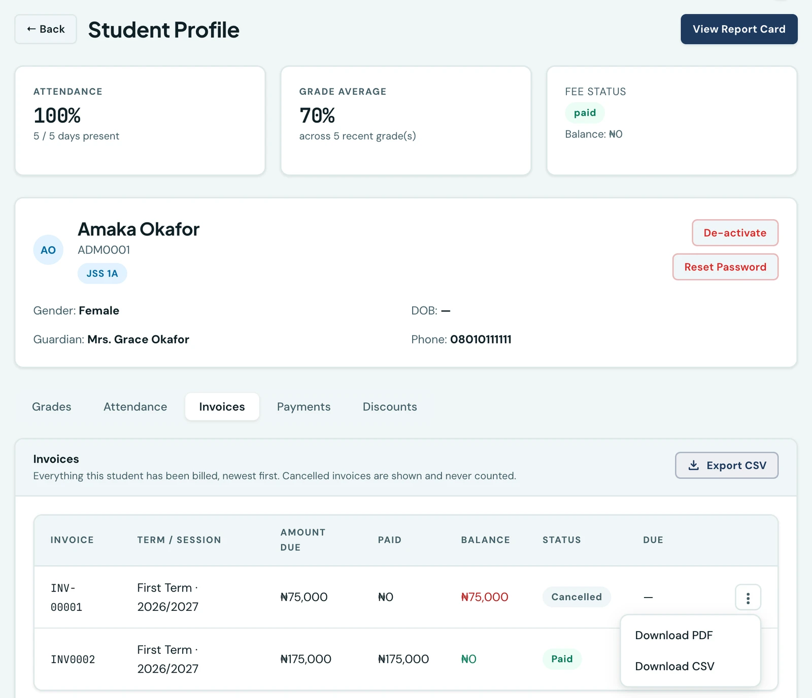A student's profile in the staff portal with the Invoices tab open: a table of that student's invoices showing invoice number, term and session, amount due, amount paid, balance, status and due date, an Export CSV button above it, and a row menu open on Download PDF and Download CSV