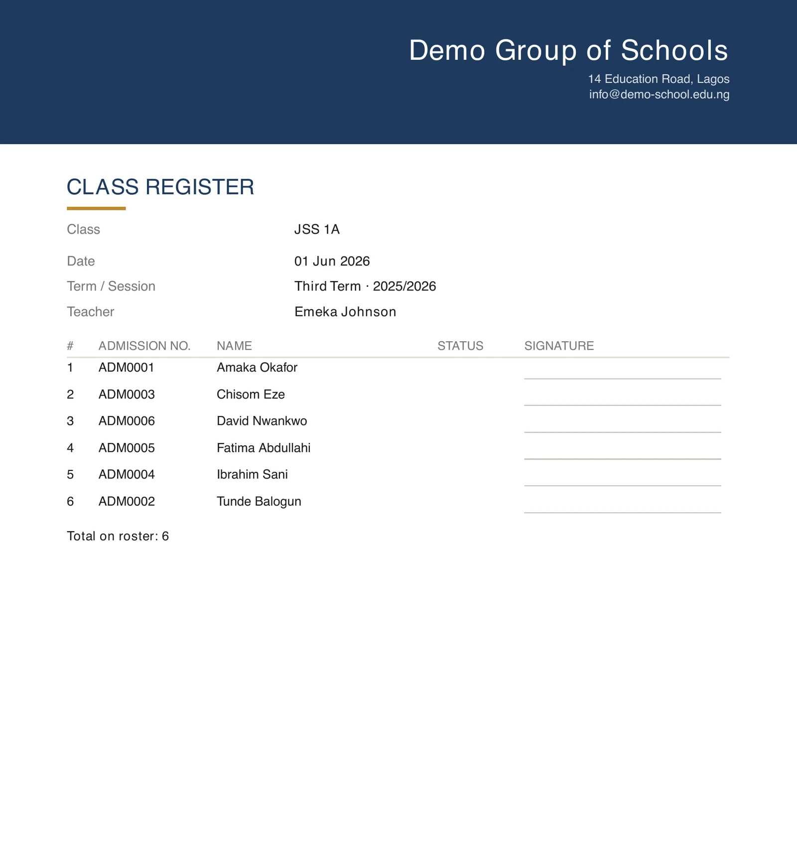 A class register sheet on A4. A navy band across the top carries the school name, Demo Group of Schools, with its address and email. Below it the heading CLASS REGISTER, then the class JSS 1A, the date 01 Jun 2026, the term and session Third Term 2025/2026, and the teacher Emeka Johnson. A table lists six pupils numbered one to six by admission number and name, each with an empty status column and a ruled signature line, and the sheet ends with Total on roster: 6.