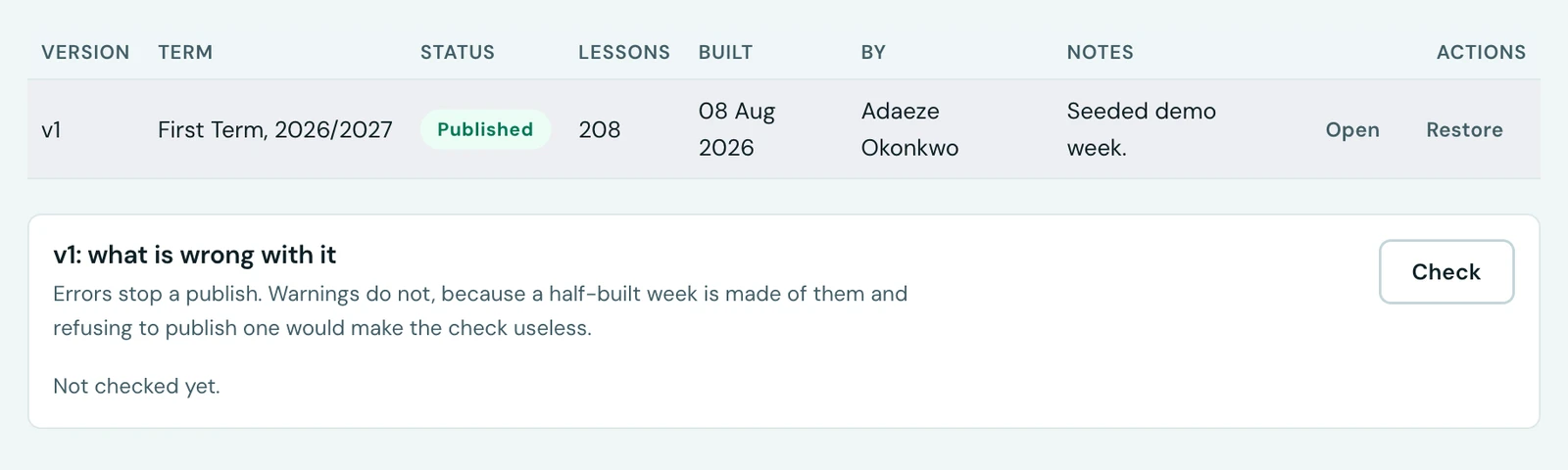 The Versions tab, listing v1 for First Term 2026/2027, marked Published, with 208 lessons and who built it, offering Open and Restore. Below it a card headed v1: what is wrong with it explains that errors stop a publish and warnings do not, with a Check button.