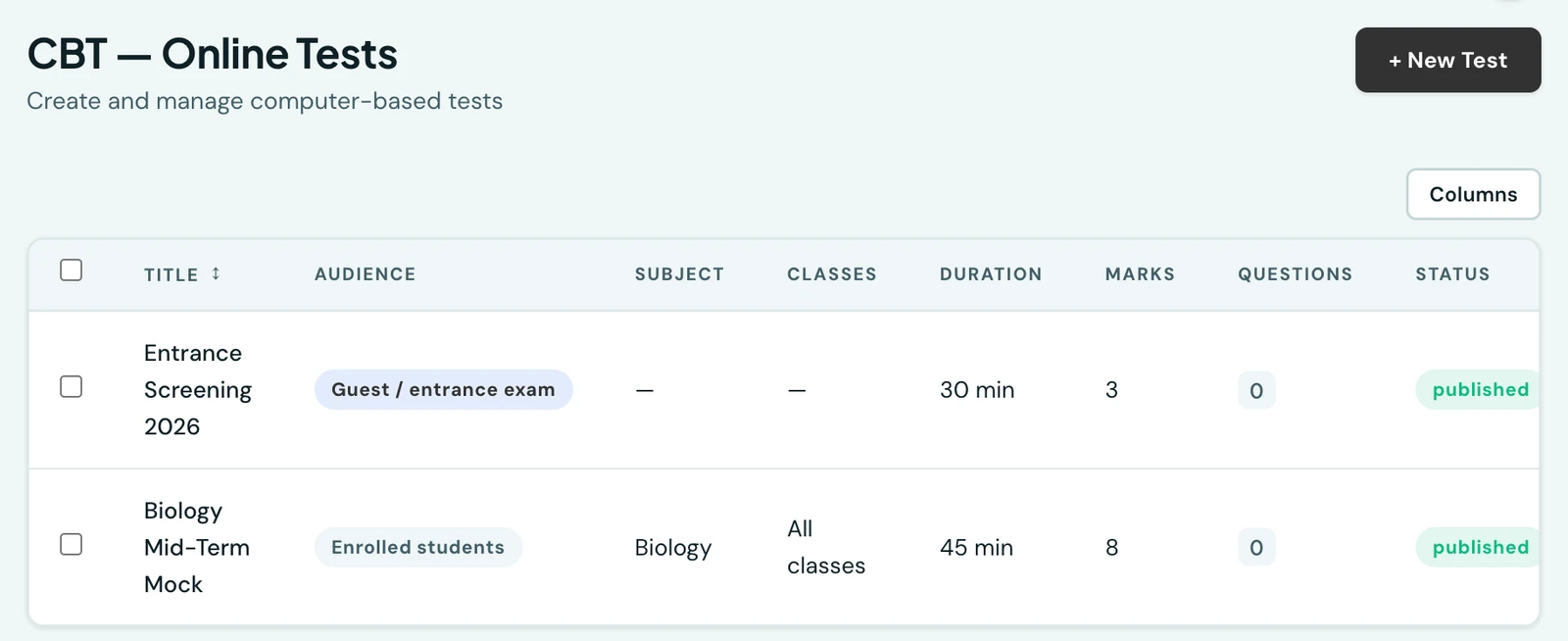 The CBT online tests list showing a test with its audience, subject, assigned classes, duration, total marks, question count and draft or published status