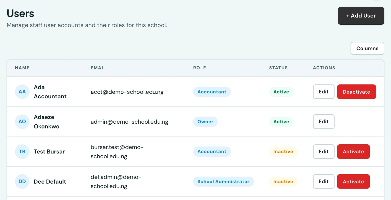 The Users page listing three staff accounts with their email, assigned role (Owner or School Administrator) and active status, each with edit and deactivate actions
