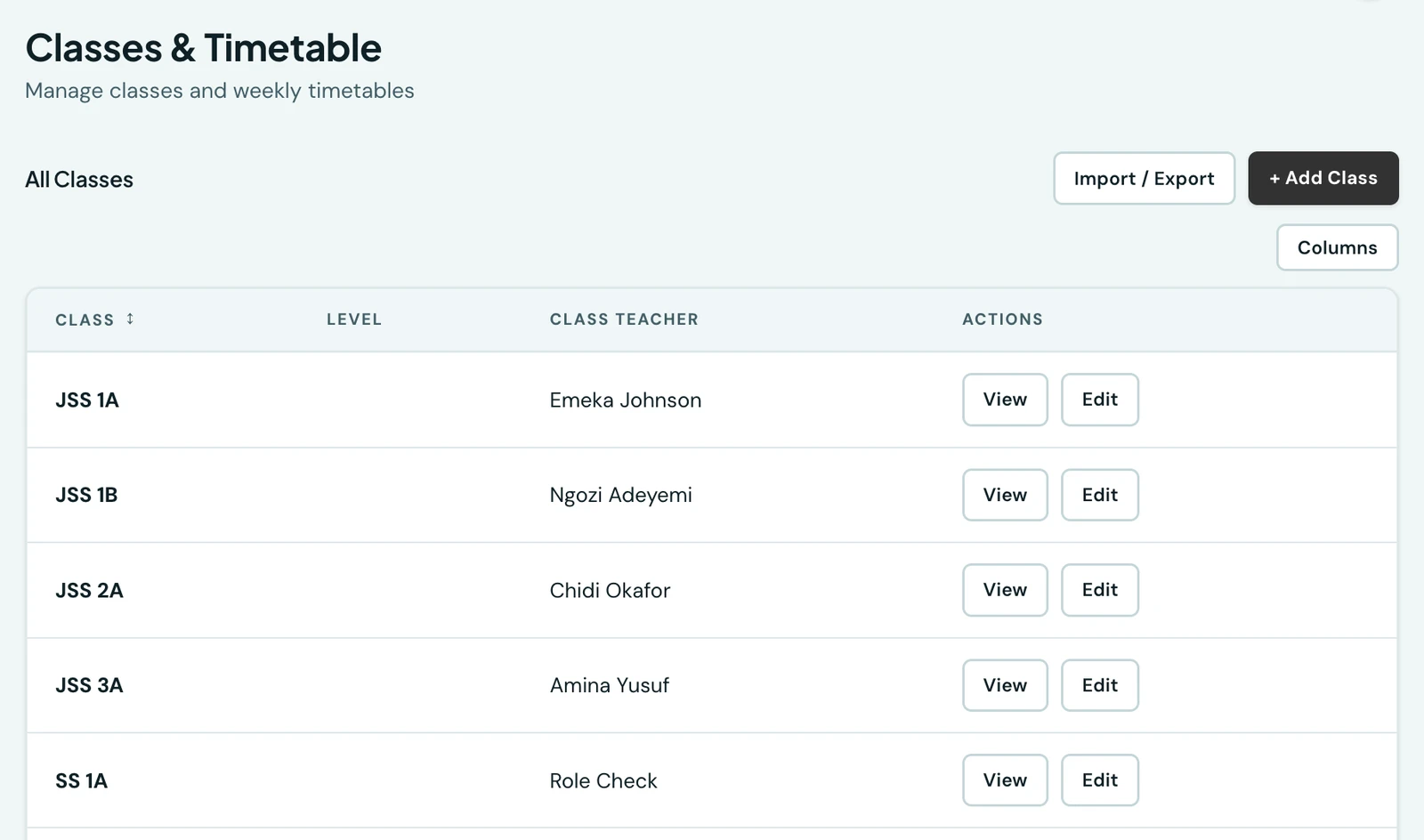 The Classes and Timetable page listing classes from Grade One to Grade Twelve with their level (Primary, Junior Secondary or Senior Secondary) and the class teacher assigned to each, with View and Edit actions