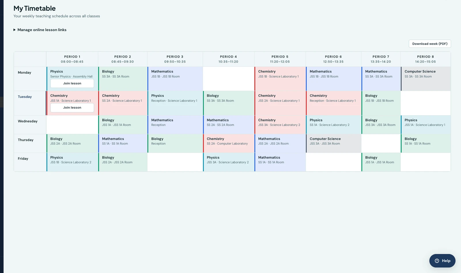 The demo teacher's published weekly timetable in the My Timetable view. A collapsed Manage online lesson links section sits above the week, and Monday's Physics lesson and Tuesday's Chemistry lesson each carry a Join lesson button under their subject, teacher and room.