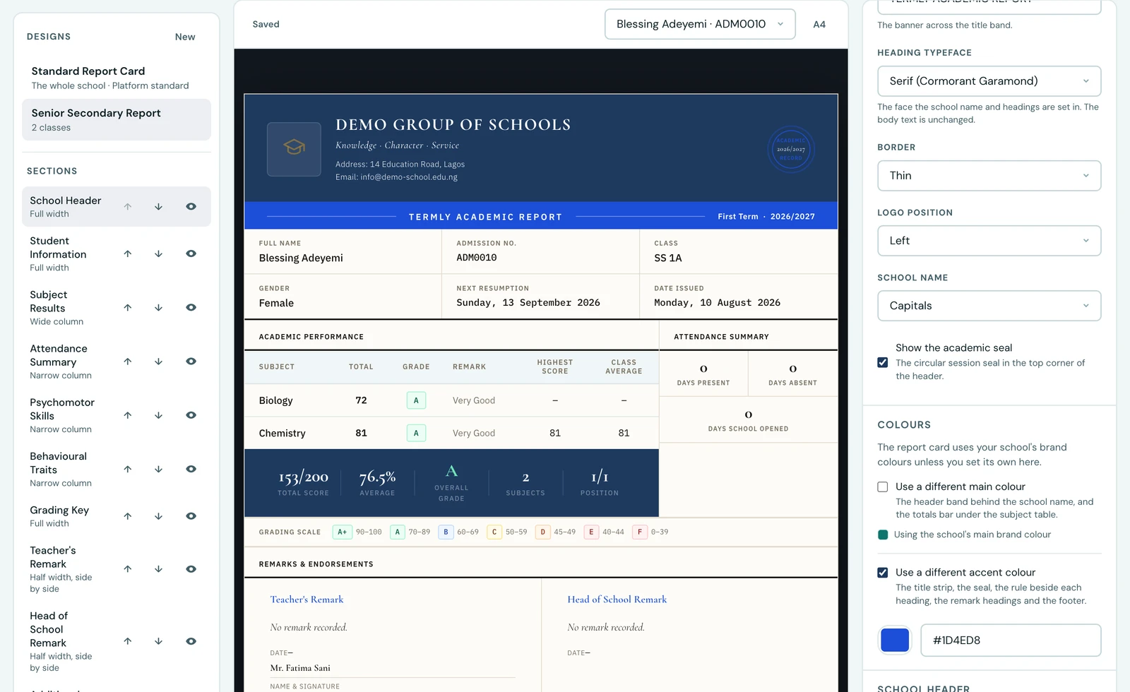 The Colours panel of the Report Card Designer, with the main colour left following the school's brand colour and the accent colour overridden to the blue #1D4ED8, and the preview beside it showing a blue title band and seal