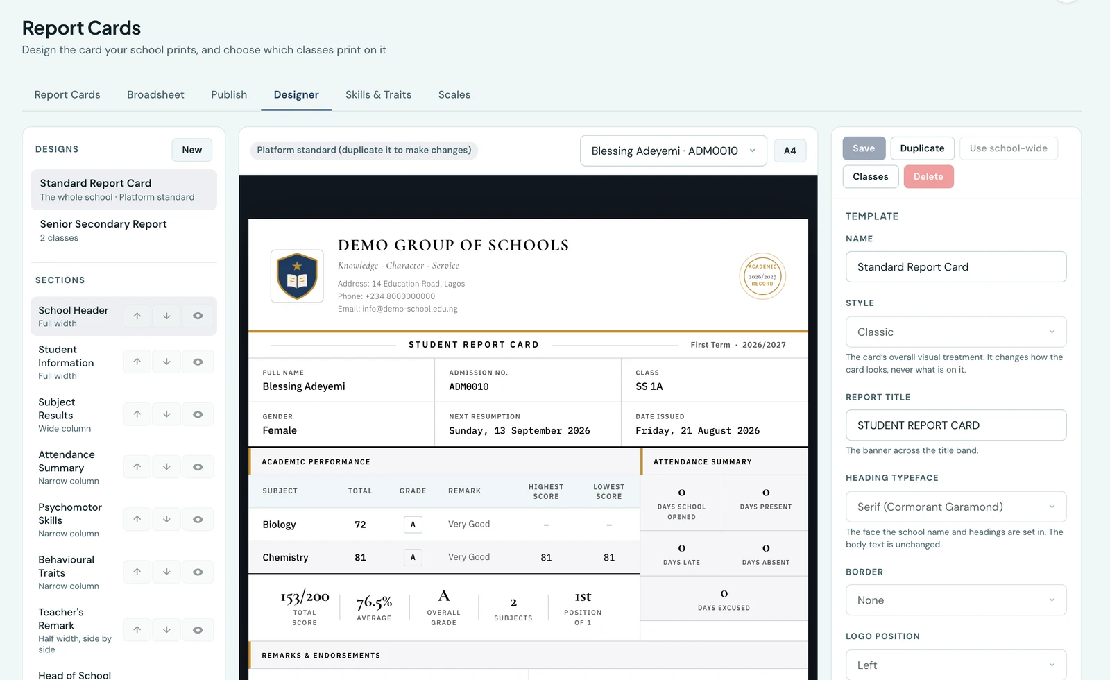 The Designer tab of the Report Cards workspace, in the tab strip beside Report Cards, Broadsheet, Publish, Skills & Traits and Scales: a list of designs and the card's sections on the left, a live preview of a pupil's report card in the middle showing the school header, the pupil's details, the start of the subject table and the attendance summary beside it, all on a white sheet in black type whose bands are ruled in the school's colours rather than filled with them, and a properties panel on the right with the template's name, style, report title and heading typeface