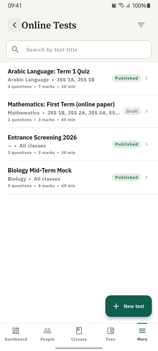 The 1410SMS Android app Online Tests screen: a search box above four tests, each naming its subject and classes and giving its question count, marks and duration, with Published tags on Arabic Language: Term 1 Quiz, Entrance Screening 2026 and Biology Mid-Term Mock and a Draft tag on a Mathematics online paper, above a New test button