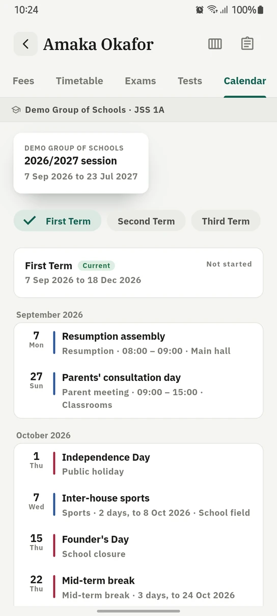 The 1410SMS Android app showing a child's Calendar tab: a card giving the 2026/2027 session and its dates, chips for First, Second and Third Term with First Term selected and marked Current, then September and October 2026 listed with the resumption assembly, a parents' consultation day, Independence Day, inter-house sports, Founder's Day and the mid-term break, each with its date, category, times and location