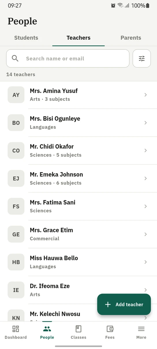 The 1410SMS Android app People screen on its Teachers tab: a search box, a count of fourteen teachers, and a list giving each one's title and name, their department and, where they teach any, their subject count, above an Add teacher button