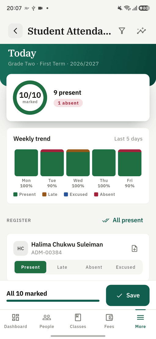 Taking the register in the 1410SMS app: Grade Two, ten of ten marked, nine present and one absent, with the week's attendance beside it and each pupil set to present, late, absent or excused.