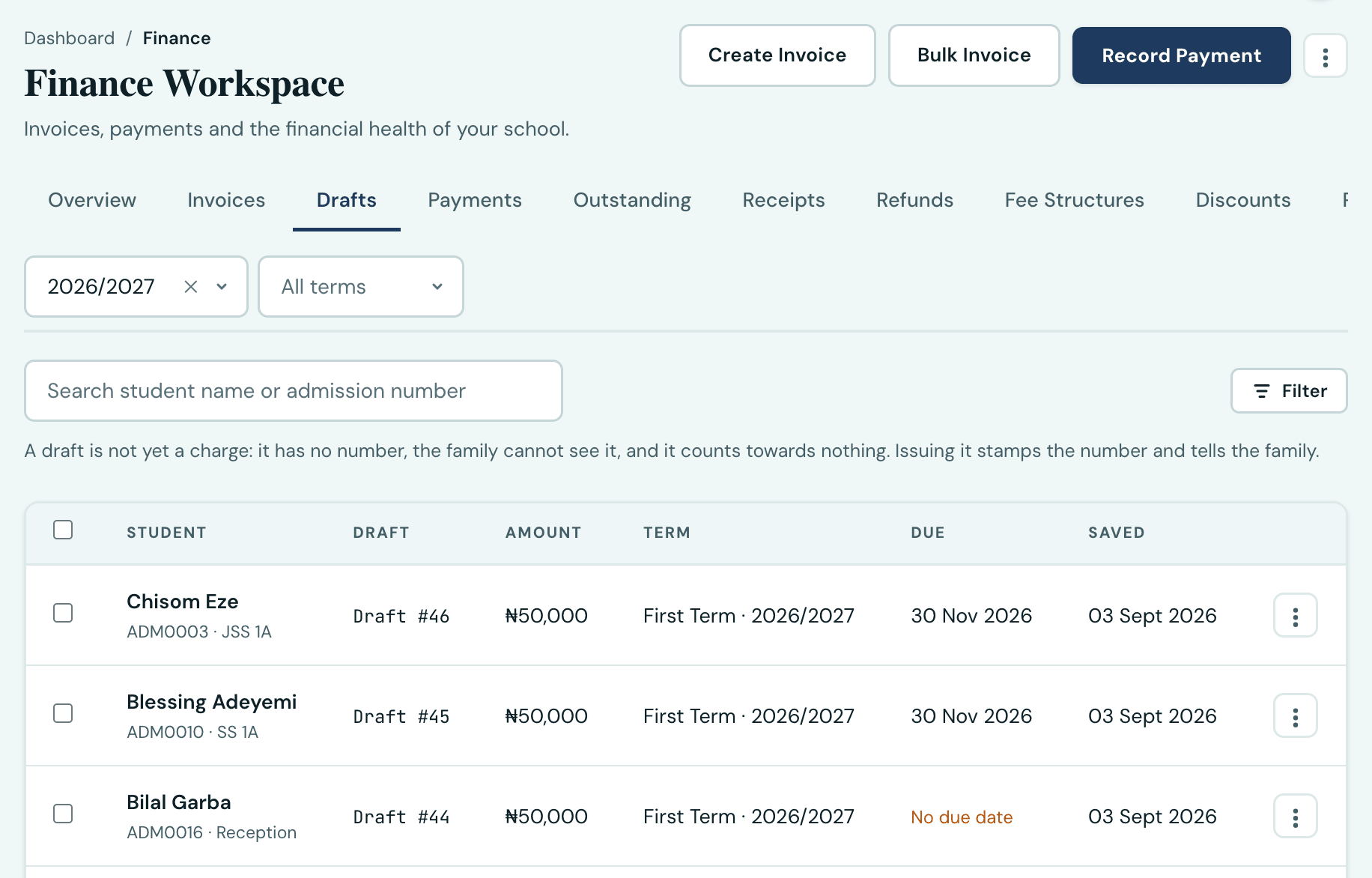 The Drafts tab of the Finance Workspace, listing invoices saved but not yet issued, each labelled Draft with its number, amount, term and due date, and a row menu offering Issue, Edit and Delete